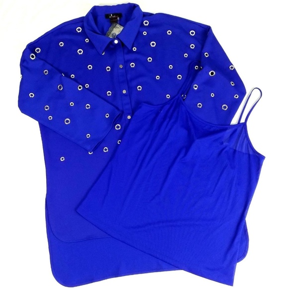Alberto Makali Blue 3/4 Sleeve Grommet Embellished 2-Piece Tunic Top Set Women L - Picture 13 of 15